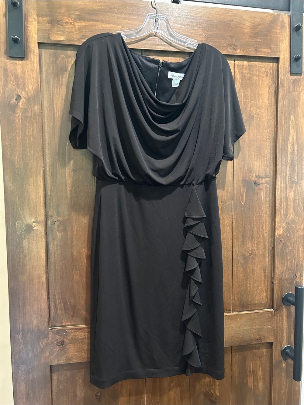 E68 Laura Jeffries Black Draped Cowl Dress with Side Ruffle Size 6